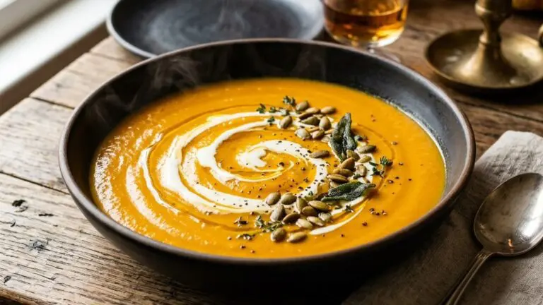 Stunning plated serving of Butternut Squash Bisque, a chef-tested recipe by Chef Jorj Morgan.