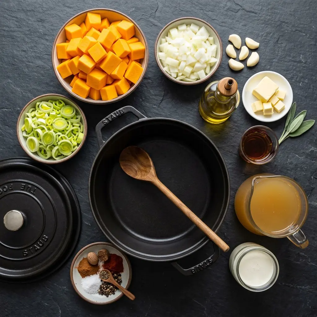 Overhead prep flat-lay of butternut squash, leek, yellow onion, garlic, sherry, chicken stock, and cream for Butternut Squash Bisque