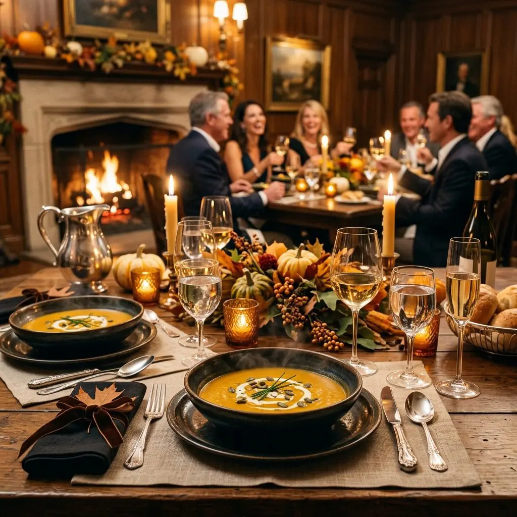 An elegant, formal autumn dinner table setting featuring wide bowls of steaming Butternut Squash Bisque, with a sophisticated gathering in the background