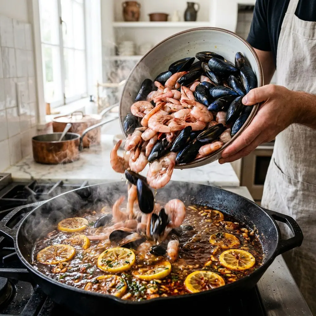 A cook's hand dumping a massive bowl of raw pink shrimp and dark blue mussels into a boiling, fiercely steaming cast-iron pan filled with dark reddish-brown Cajun butter and chili sauce layered with bright yellow lemon pinwheels.