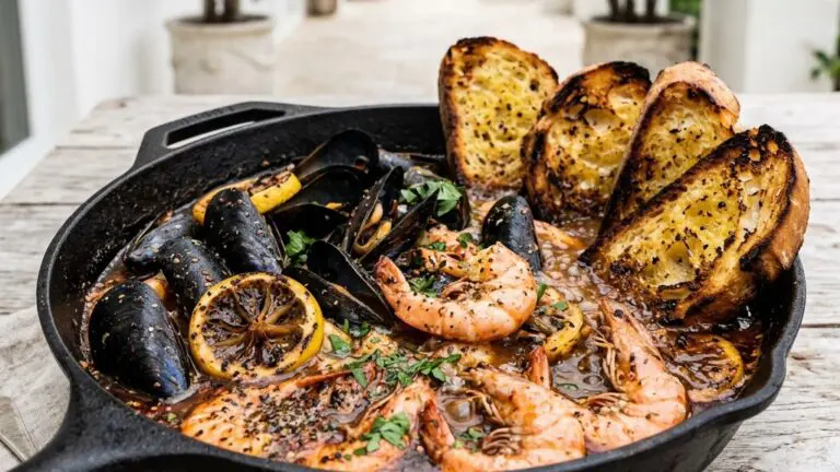 Stunning plated serving of Mussels and Shrimp in Cajun Butter Sauce with Garlic Toasts, a chef-tested recipe by Chef Jorj Morgan.