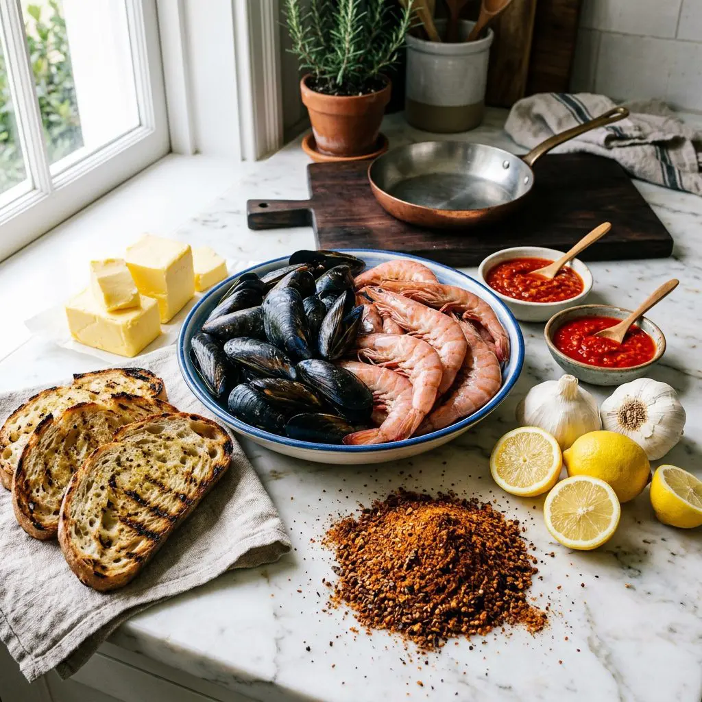 Ingredients arranged: a huge bowl of massive raw dark blue mussels and thick raw pink shrimp, thick slices of rustic garlic bread, massive blocks of yellow butter, vividly red chili sauce and hot pepper sauce, huge whole garlic bulbs, bright yellow lemons, and piles of intense, darkly colored Cajun seasoning on a marble prep board.