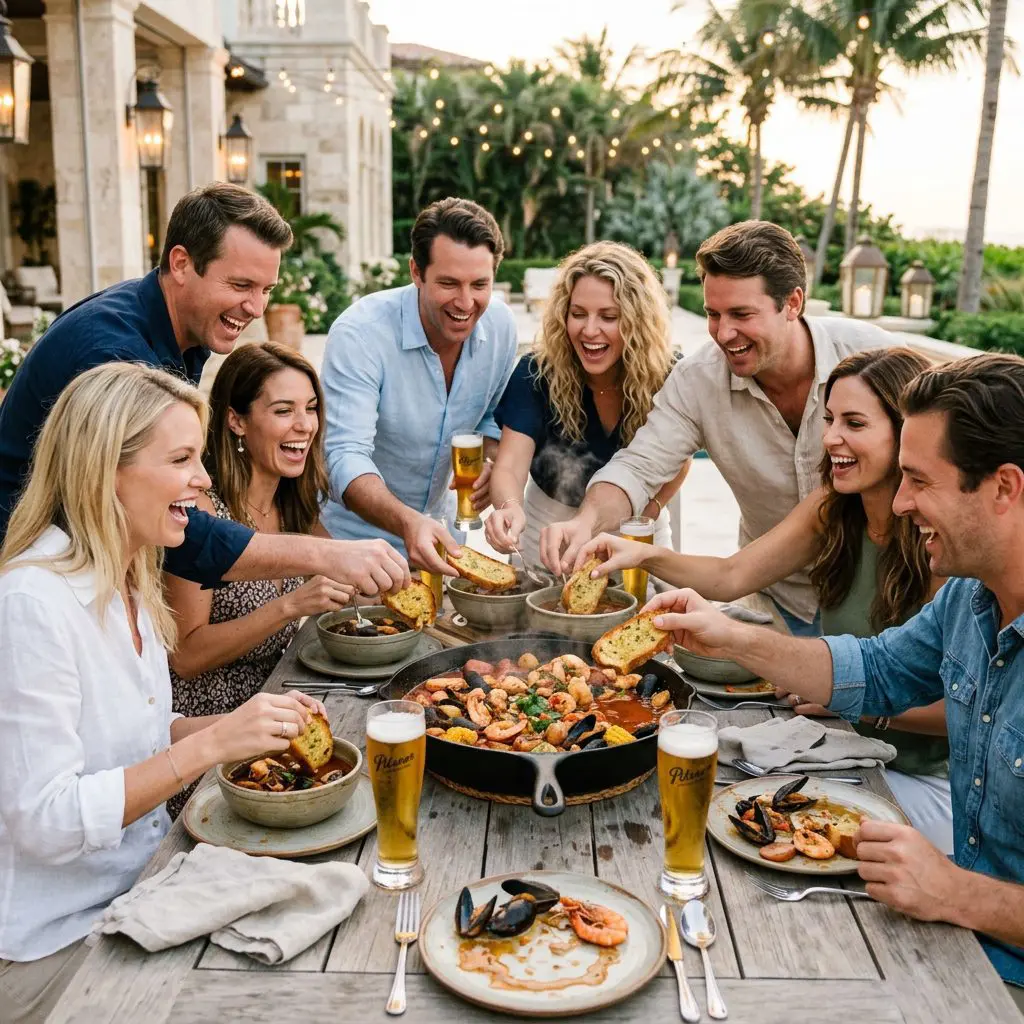 8 guests gathered tightly around a rustic patio table, laughing loudly, dragging thick garlic toasts through heavy ceramic bowls of dark broth, and drinking fiercely chilled Pilsners in tall glasses on a Palm Beach Estate patio. A massive steaming cast-iron pan of Cajun shrimp and mussels anchors the lively coastal dinner party.