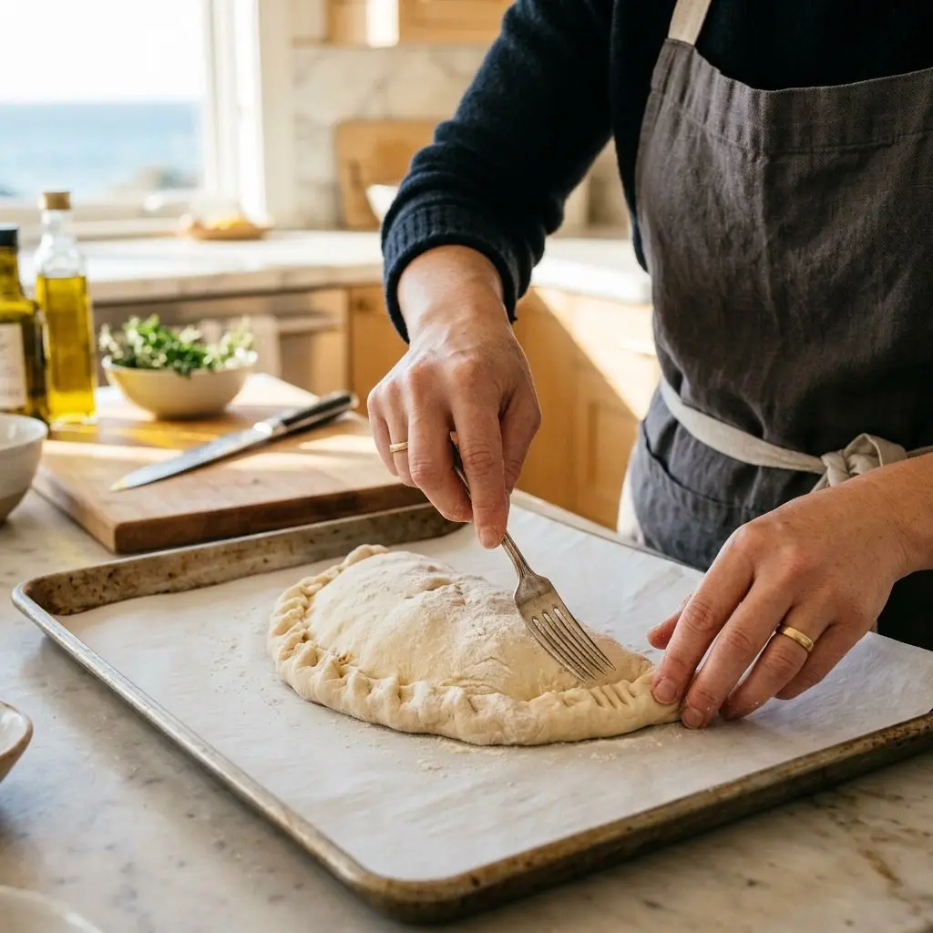 Close-up action shot of a cook's hands carefully crimping the folded crescent-shaped calzone edges using the tines of a fork on a parchment-lined baking sheet in a sunlit coastal kitchen.