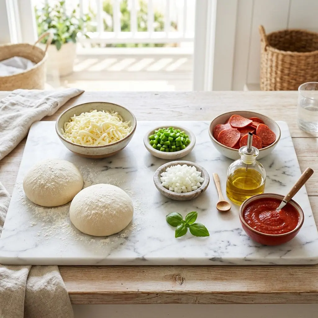 A white marble board displaying the raw calzone ingredients: fresh round pizza dough portions, shredded mozzarella in a bowl, finely diced green bell pepper, finely diced onion, sliced pepperoni, a small jar of golden olive oil, and red pizza sauce in a ceramic bowl with a spoon.