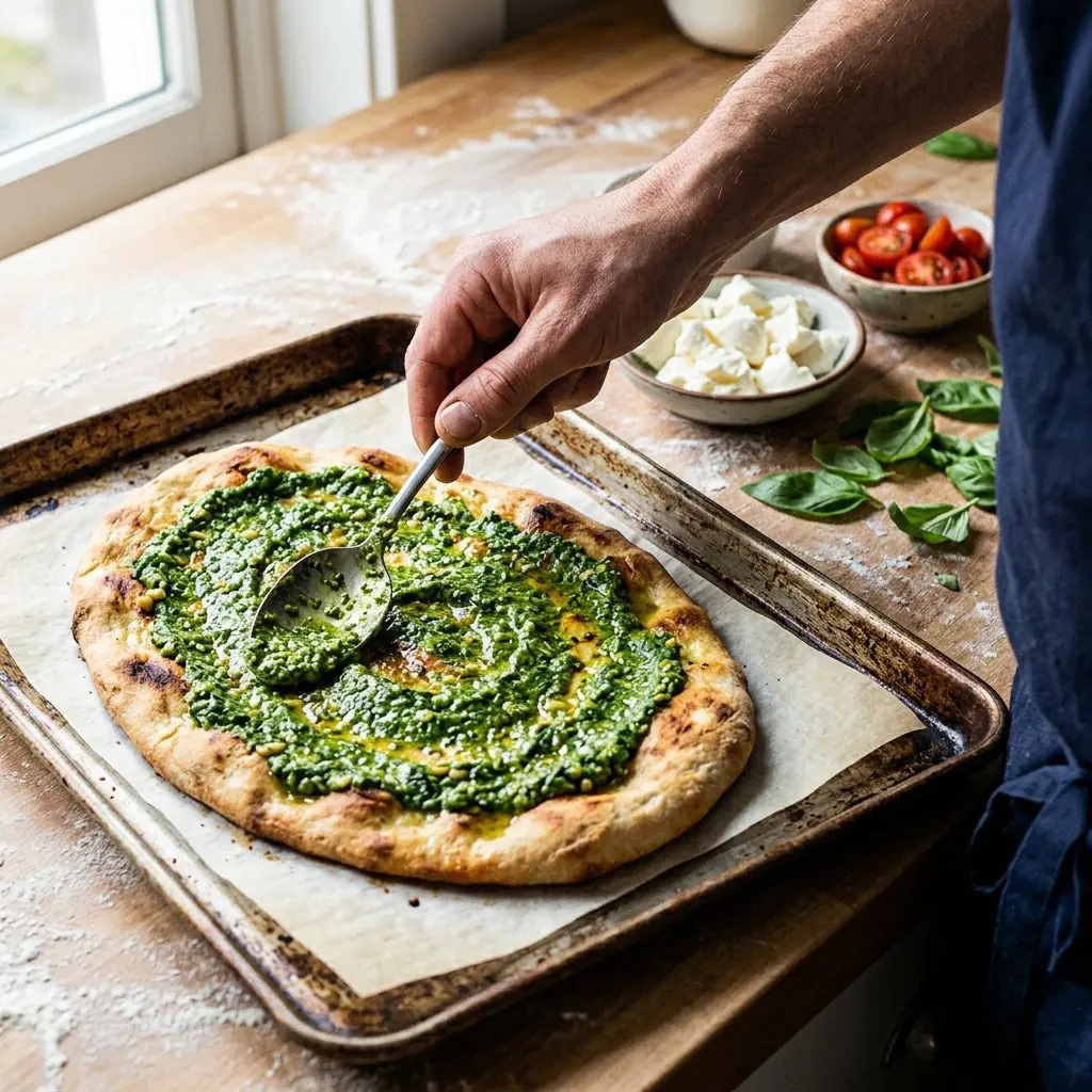 Action shot of a cook's bare hand dynamically spreading rich, vibrant green spinach-basil pesto onto a golden, crispy par-baked flatbread oval resting on parchment paper in a metal sheet pan. Small dishes of torn mozzarella cheese and bright halved cherry tomatoes sit on a rustic wooden board in the background.
