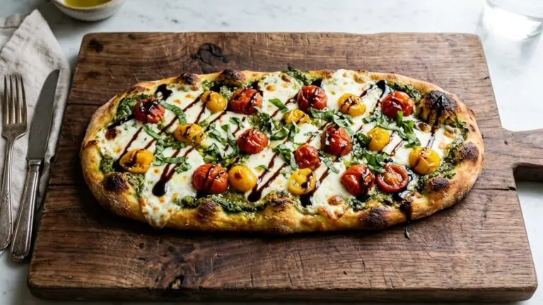 Stunning plated serving of Caprese Flatbread with Balsamic Vinegar Reduction, a chef-tested recipe by Chef Jorj Morgan.