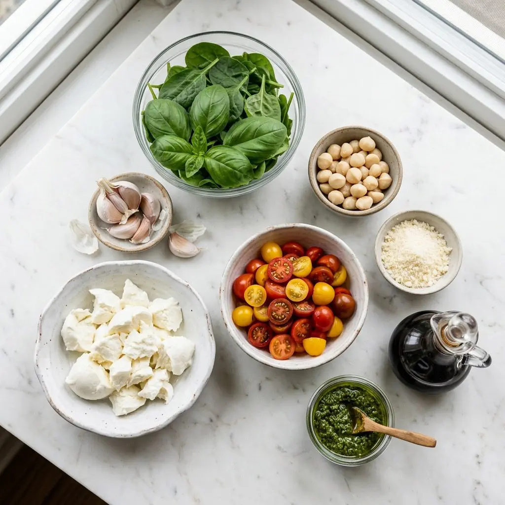 Overhead raw ingredients mise en place shot: clear glass bowls neatly presenting fresh green baby spinach and sweet basil leaves, plump raw garlic cloves macadamia nuts, grated white Parmesan cheese, fresh mozzarella torn into rustic chunks, colorful red and yellow baby heirloom tomatoes, a small jar of creamy pesto, and a small glass cruet of deep, dark, glossy balsamic vinegar reduction on a smooth white marble countertop.