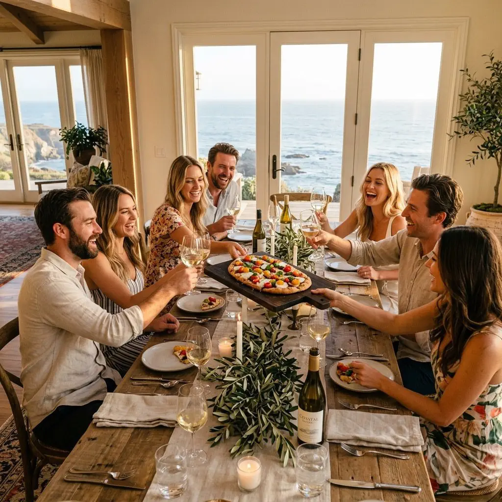 A late-afternoon gathering in a coastal estate dining room overlooking the blue ocean. Eight guests are gathered around a long rustic wooden table, laughing, clinking glasses of chilled white wine, and sharing steaming slices of fresh Caprese flatbread topped with bubbling cheese and dark balsamic reduction from a dark wooden serving board.