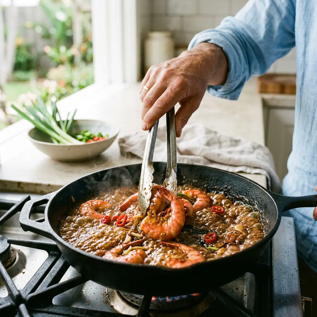 A cook's hand using heavy silver tongs to toss massive, bright pink jumbo shrimp in a cast-iron skillet violently boiling with thick, sticky, intensely dark golden-brown caramel and fish sauce, with bright red Fresno chili slices visible in the bubbling syrup.
