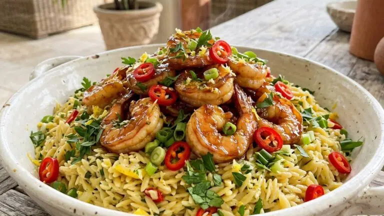 Stunning plated serving of Caramelized Shrimp with Gingered Orzo, a chef-tested recipe by Chef Jorj Morgan.