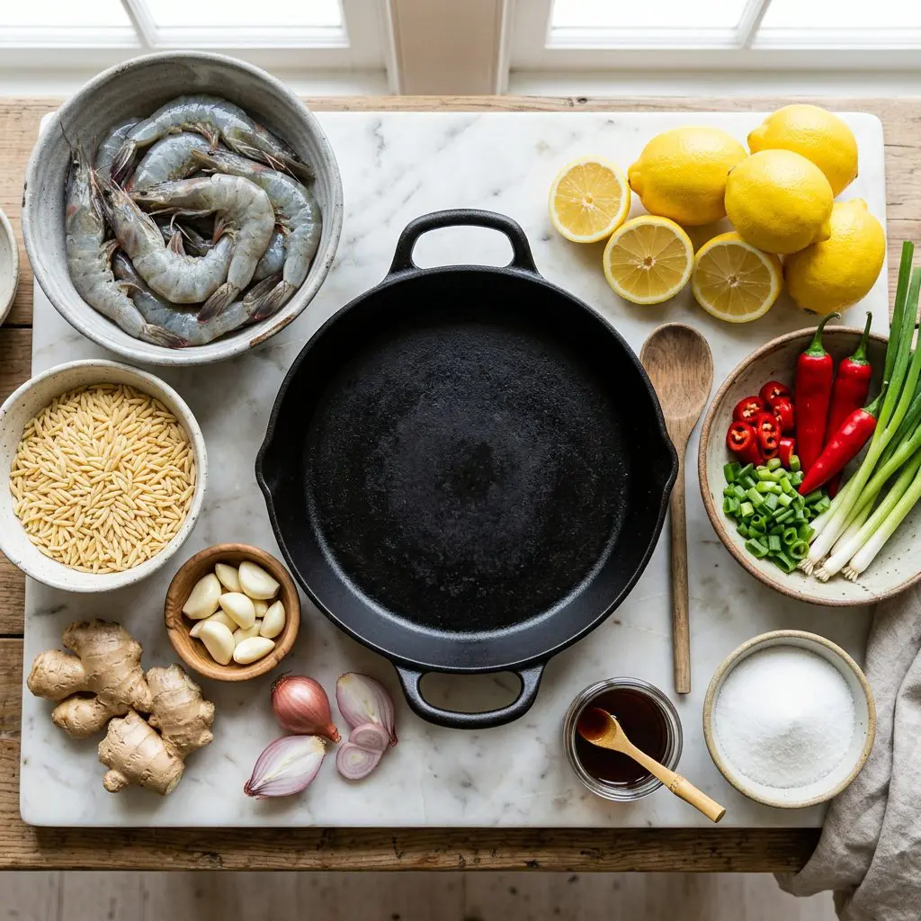 Ingredients arranged: a bowl of massive raw grey shrimp, uncooked orzo pasta, huge knobs of fresh ginger, bright yellow lemons, granulated sugar, dark fish sauce, vivid red Fresno chilies, shallots, garlic, and vibrant green scallions around a heavy cast-iron skillet on a marble prep board.