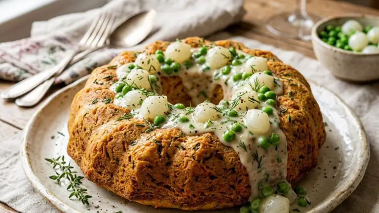 Stunning plated serving of Carrot Ring with Creamed Pearl Onions and Peas, a chef-tested recipe by Chef Jorj Morgan.