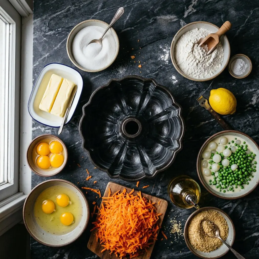 Overhead prep shot of grated carrots, butter, sugar, separated eggs, flour, baking powder, lemon, pearl onions in cream sauce, sweet peas, olive oil, and breadcrumbs arranged around a Bundt pan