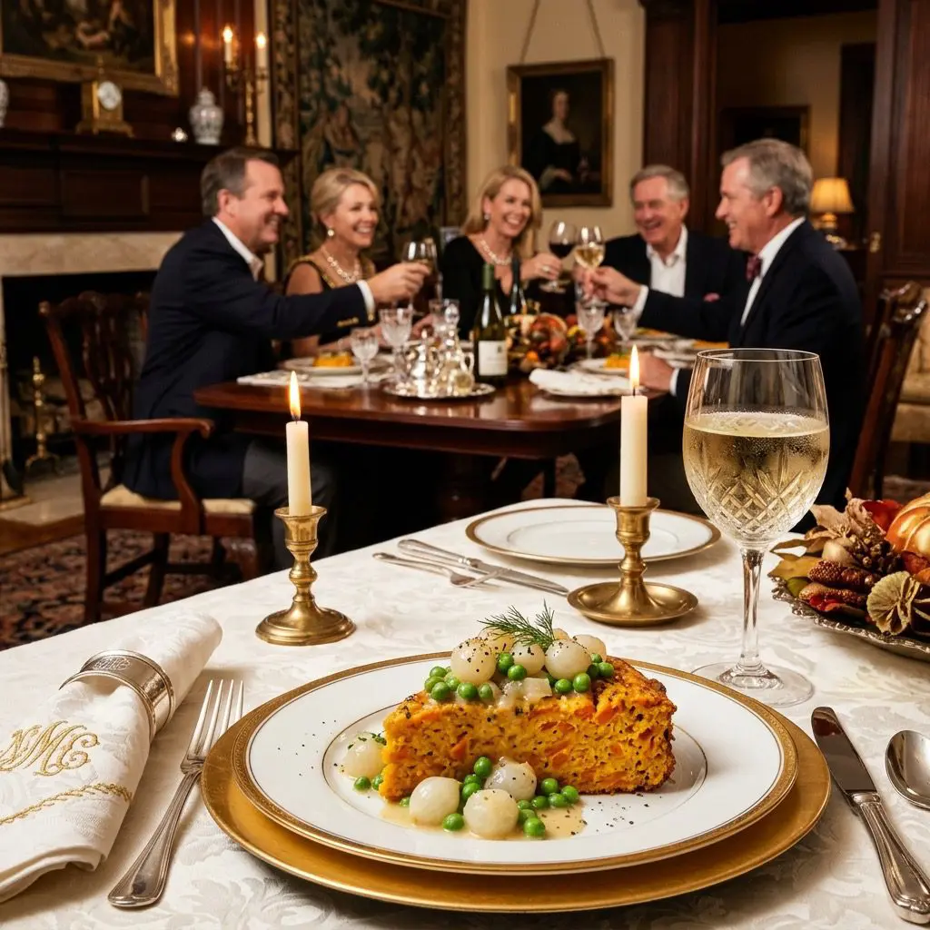 An elegant, formal Thanksgiving dinner table setting featuring a slice of Carrot Ring topped with creamed onions and peas