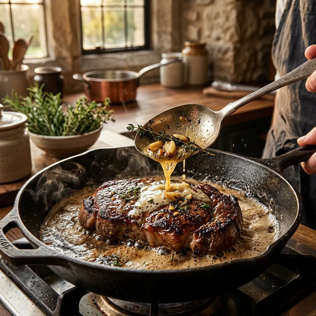 A thick sirloin steak vigorously sizzling in a cast-iron skillet, being continuously basted with hot, foaming melted butter, smashed garlic, and fresh thyme sprigs using a large silver spoon.