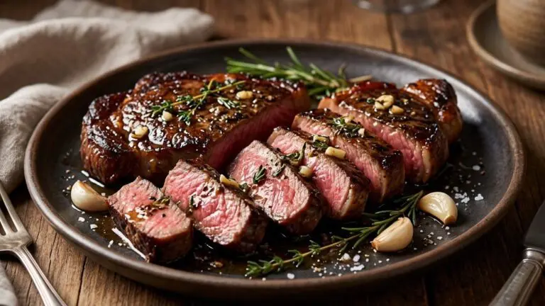 Stunning plated serving of Cast-Iron Steak with Thyme-Garlic Butter Baste, a chef-tested recipe by Chef Jorj Morgan.