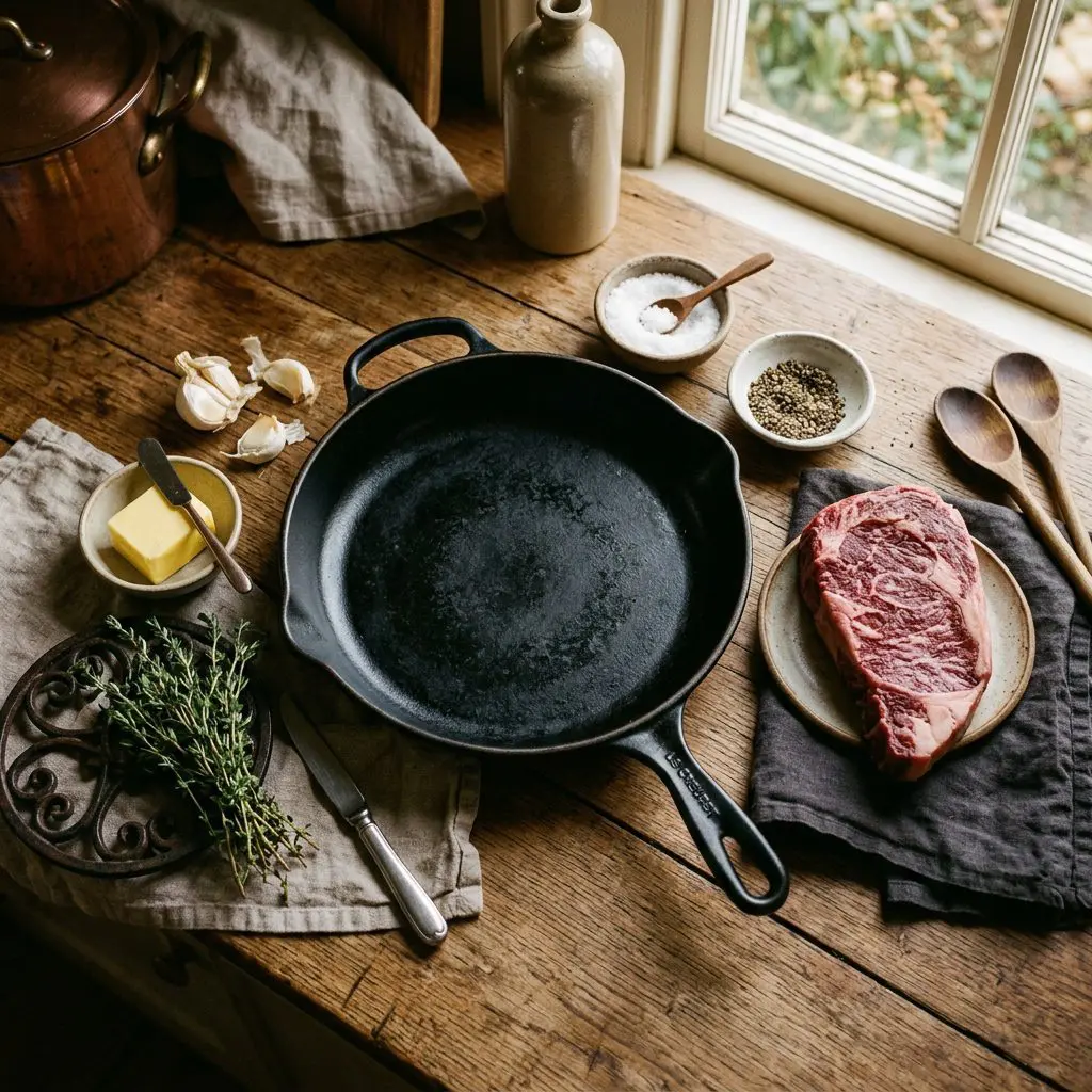 Raw ingredients for cast-iron steak arranged: a thick, marbled raw prime sirloin strip steak, a small bowl of kosher salt, coarse black pepper, a block of golden butter, smashed garlic cloves, and fresh thyme sprigs, arranged around a heavy cast-iron skillet.
