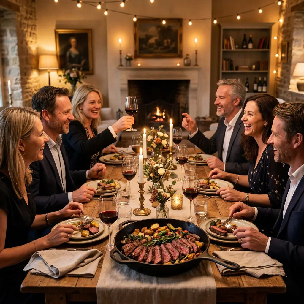 8 guests gathered around the table laughing, eating, and drinking wine, with a large rustic platter of Cast-Iron Steak in the center as the anchor.