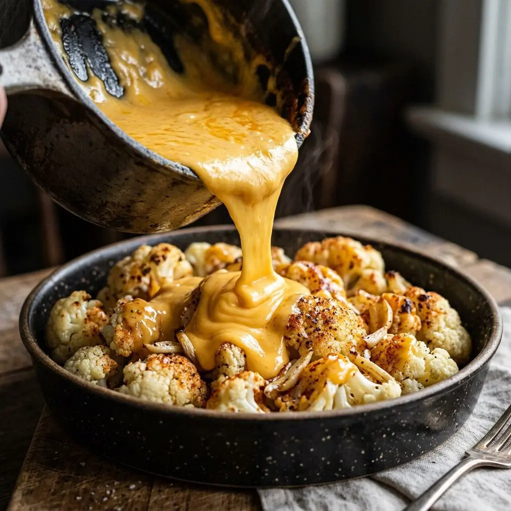 Extreme close-up action shot pouring thick, glossy melted cheddar cheese sauce over roasted cauliflower and garlic