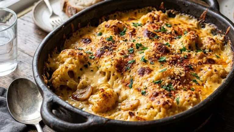 Stunning plated serving of Garlic-Roasted Cauliflower in Cheesy Sauce, a chef-tested recipe by Chef Jorj Morgan.