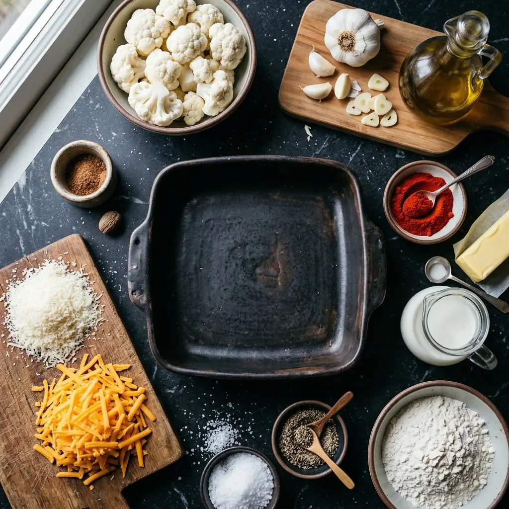 Overhead prep shot of fresh cauliflower florets, sliced garlic, olive oil, paprika, butter, flour, milk, nutmeg, grated cheddar, and grated Parmesan