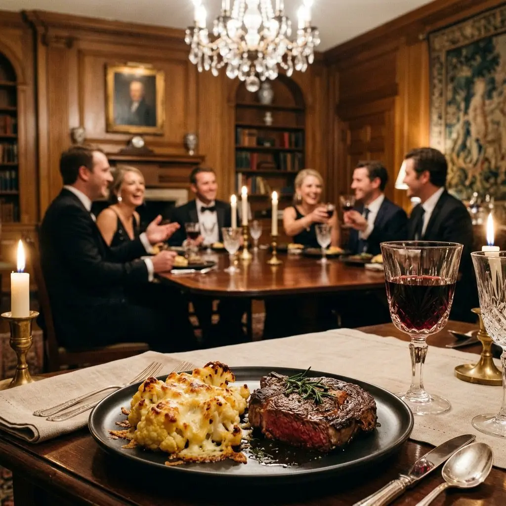 An elegant, formal dinner table setting featuring Garlic-Roasted Cauliflower in Cheesy Sauce alongside a gourmet steak