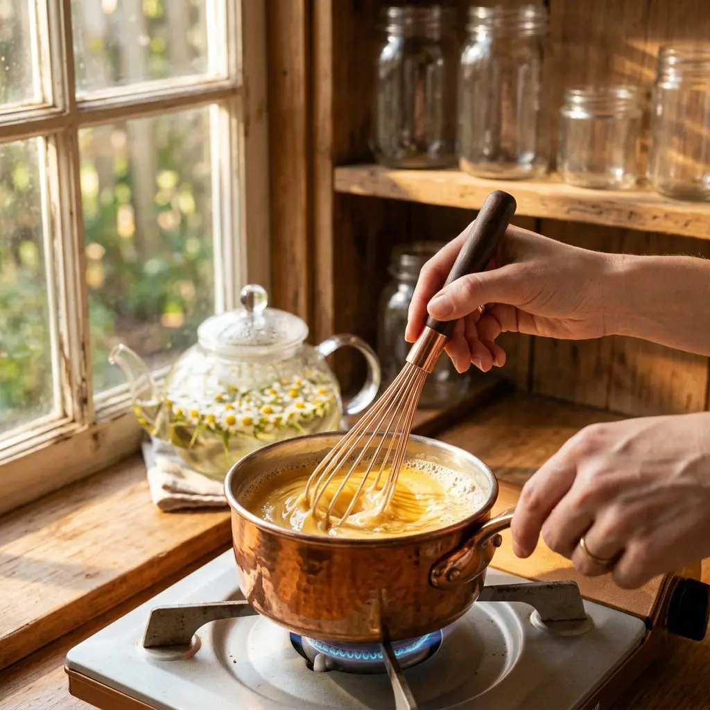 Clean hands using a copper whisk to stir together fresh cream, milk, and wildflower honey in a polished copper pot on a soft stove flame, catching the warm golden sunlight filtering through a window. In the background, fresh chamomile blooms sit steeping under a covered lid. Clean glass jars without any text rest on a wooden shelf in the soft background. Or writing of any kind.