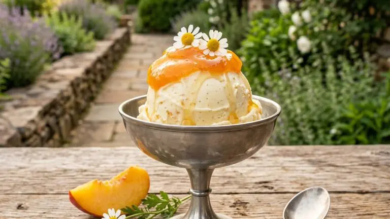 Stunning plated serving of Chamomile Honey Ice Cream with a Peach Swirl, a chef-tested recipe by Chef Jorj Morgan.