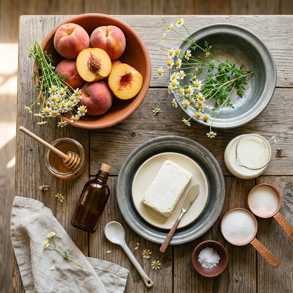 Raw ingredients arranged in terracotta bowls and pewter dishes on a weathered pine farmhouse table: fresh ripe peaches, a bunch of fresh chamomile flowers with yellow-and-white blooms, a glass pitcher of cream and half-and-half, a small glass jar of golden wildflower honey, a block of cream cheese on a stoneware plate, copper cups of sugar, a small amber bottle of vanilla extract, and a pinch bowl of kosher salt. Warm late-spring golden hour lighting. Or writing of any kind.