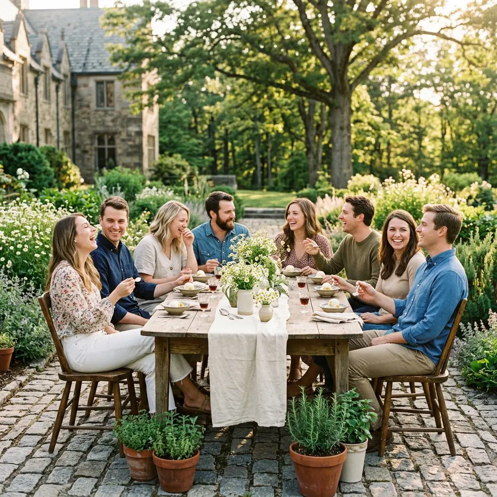 Eight guests laughing, sharing stories, and enjoying homemade chamomile honey ice cream together. They are gathered around a long weathered pine farmhouse table on the cobblestone herb garden terrace of a historic North Carolina Estate, decorated with cream-colored raw linen runners, pewter spoons, and bundles of fresh chamomile flowers. The late-spring golden hour sun shines warmly through the surrounding woodland trees, casting long, soft shadows.