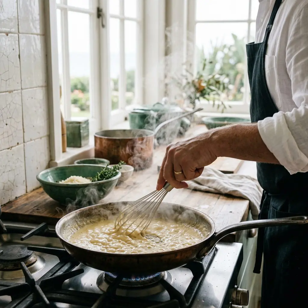 Close-up action shot of a cook's hand using a whisk to vigorously stir a bubbling, creamy Parmesan sauce in a hot skillet, with steam rising up beautifully.