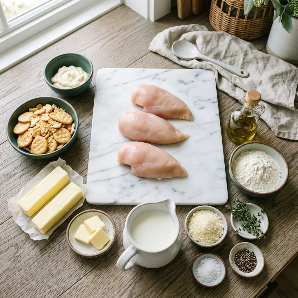 Ingredients arranged: raw chicken breasts, a bowl of mayonnaise, a pile of crushed buttery round crackers, butter, olive oil, flour, a pitcher of milk, grated Parmesan cheese, fresh thyme, salt, and pepper around a marble prep board.
