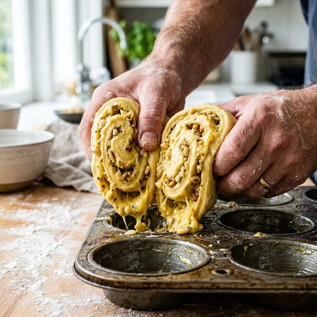A cook's hands squishing two thick, swirled slices of garlic, Gruyere, and pine nut-filled dough side-by-side directly into a single cup of a greased metal muffin tin. The intensely rich filling is vividly spilling out of the raw dough spirals.