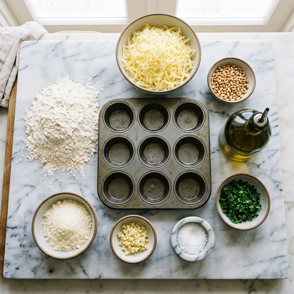 Ingredients arranged: a massive mound of unbleached flour, a heavy cruet of olive oil, huge piles of shredded yellow Gruyere cheese, small bowls of toasted pine nuts, minced raw garlic, vivid green chopped parsley, flaky sea salt, and stark white Parmesan surrounding a heavy metal muffin tin on a marble prep board.