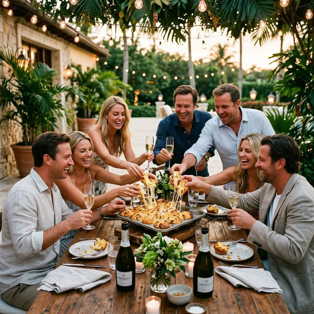 8 guests gathered tightly around a laden, warmly lit rustic dining table under string lights, laughing loudly, pulling apart cheesy, golden garlic muffins directly out of a heavy metal tin, while drinking Prosecco from large crystal flutes in a Palm Beach Estate. A massive tin of steaming, cheese-pulling muffins anchors the lively coastal evening party.