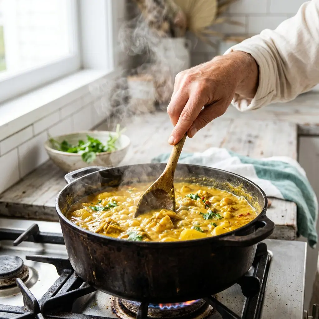 Close-up action shot of a cook's hand using a wooden spoon to stir a deeply fragrant, vibrant golden curry bubbling in a heavy cast-iron pot, with steam rising up beautifully.