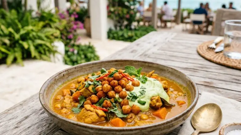 Stunning plated serving of Chicken and Carrot Curry with Lime-Avocado Yogurt and Fried Chickpeas, a chef-tested recipe by Chef Jorj Morgan.