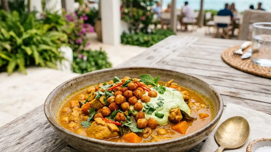 Stunning plated serving of Chicken and Carrot Curry with Lime-Avocado Yogurt and Fried Chickpeas, a chef-tested recipe by Chef Jorj Morgan.