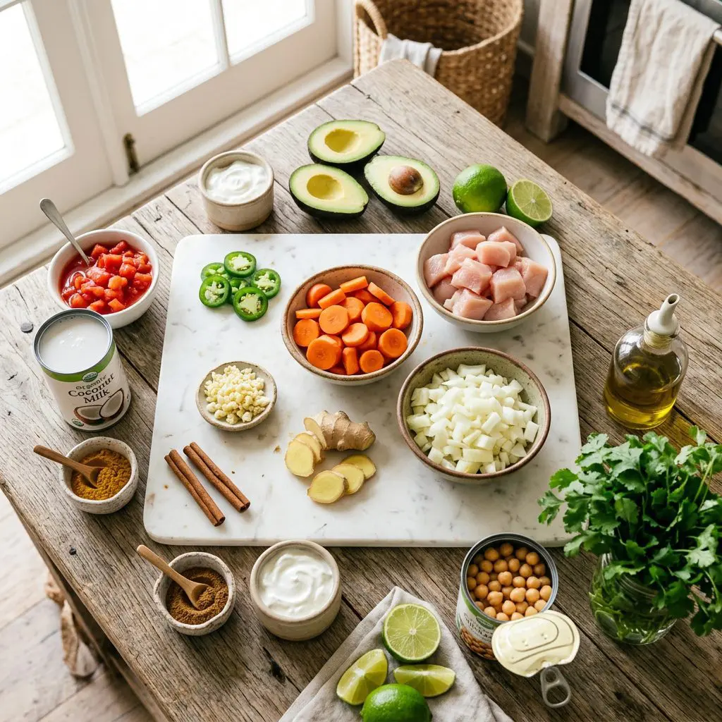 Ingredients arranged: raw diced chicken breast, large carrots, an onion, garlic, fresh ginger root, jalapeño, diced tomatoes, coconut milk, curry powder, garam masala, cinnamon sticks, Greek yogurt, avocado, limes, fresh cilantro, canned chickpeas, and olive oil around a marble prep board.