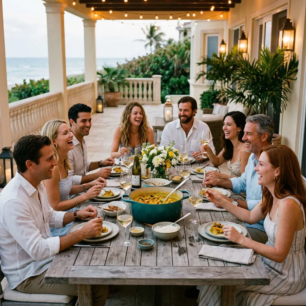 8 guests gathered around the table laughing, eating, and drinking white wine in a Palm Beach Estate dining patio with ocean views. A massive Dutch oven of golden Chicken and Carrot Curry anchors the center of the joyful feast.