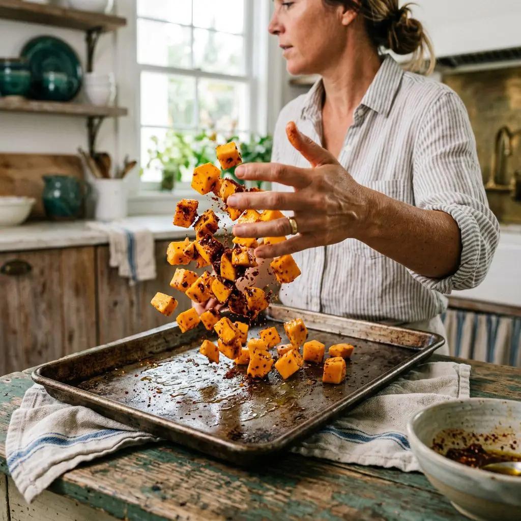 Tossing bright butternut squash cubes with chili powder and olive oil on a metal baking sheet.