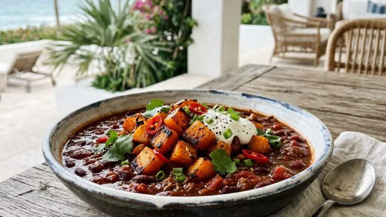 Stunning plated serving of Chicken Chili with Butternut Squash, a chef-tested recipe by Chef Jorj Morgan.