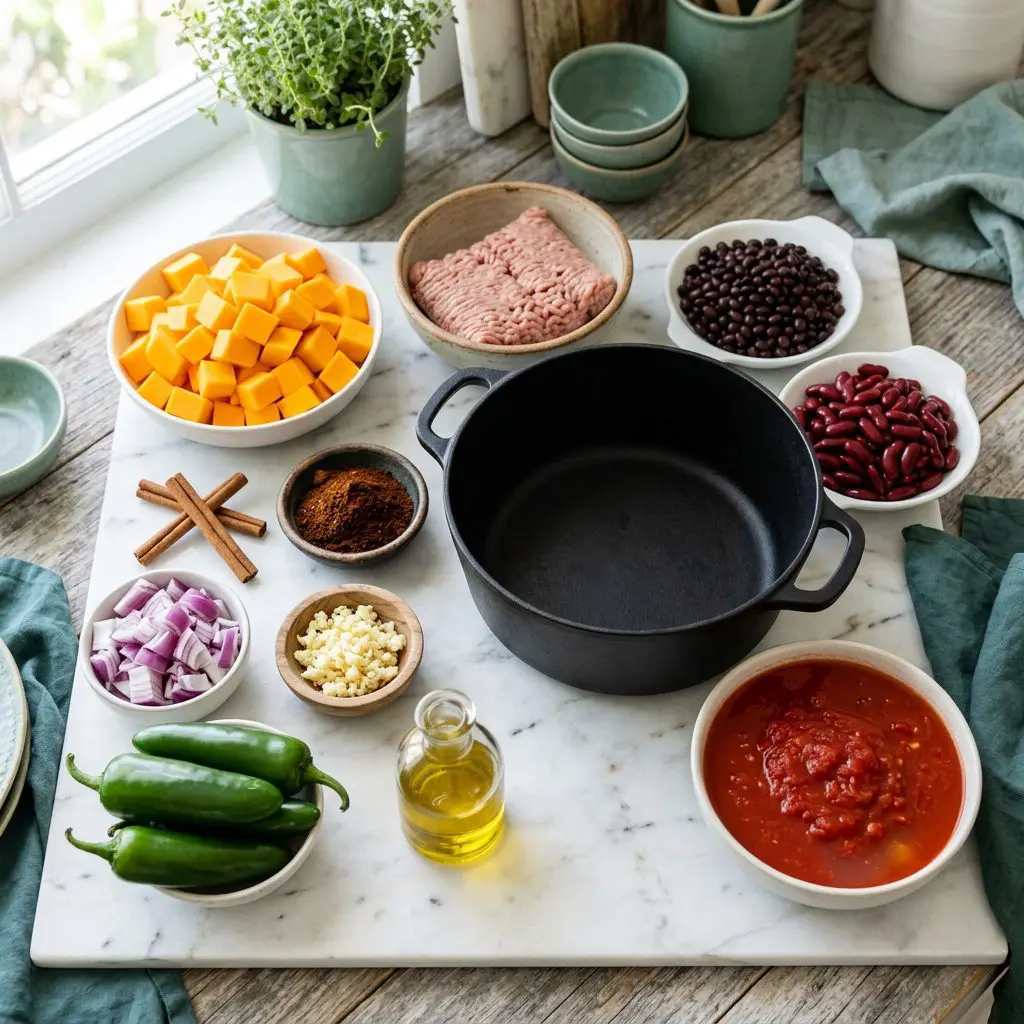 Fresh butternut squash cubes, ground chicken, black and kidney beans, and spices arranged on a kitchen counter near a black Dutch oven.