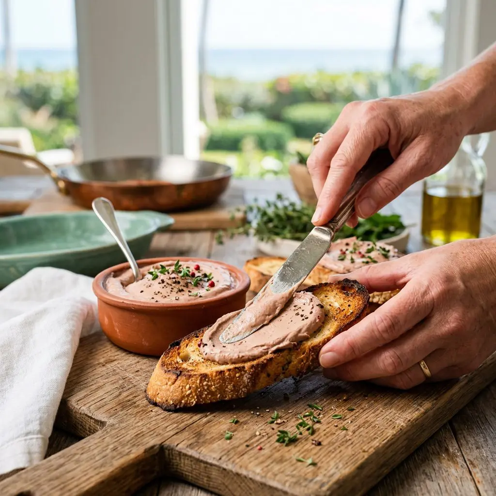 Close-up action shot of a cook's hand using a silver knife to elegantly spread a smooth, thick layer of rich Chicken Liver Mousse onto a perfectly toasted, golden baguette slice.