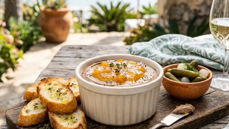 Stunning plated serving of Chicken Liver Mousse, a chef-tested recipe by Chef Jorj Morgan.