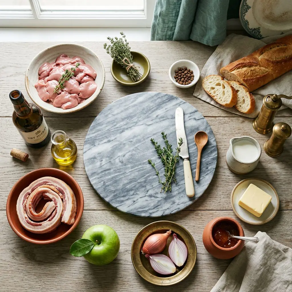 Ingredients arranged: fresh chicken livers, thick-cut bacon, a Granny Smith apple, shallots, dry sherry, butter, half-and-half, apricot jam, fresh baguette, dried thyme, allspice, olive oil, salt, and pepper around a marble prep board.