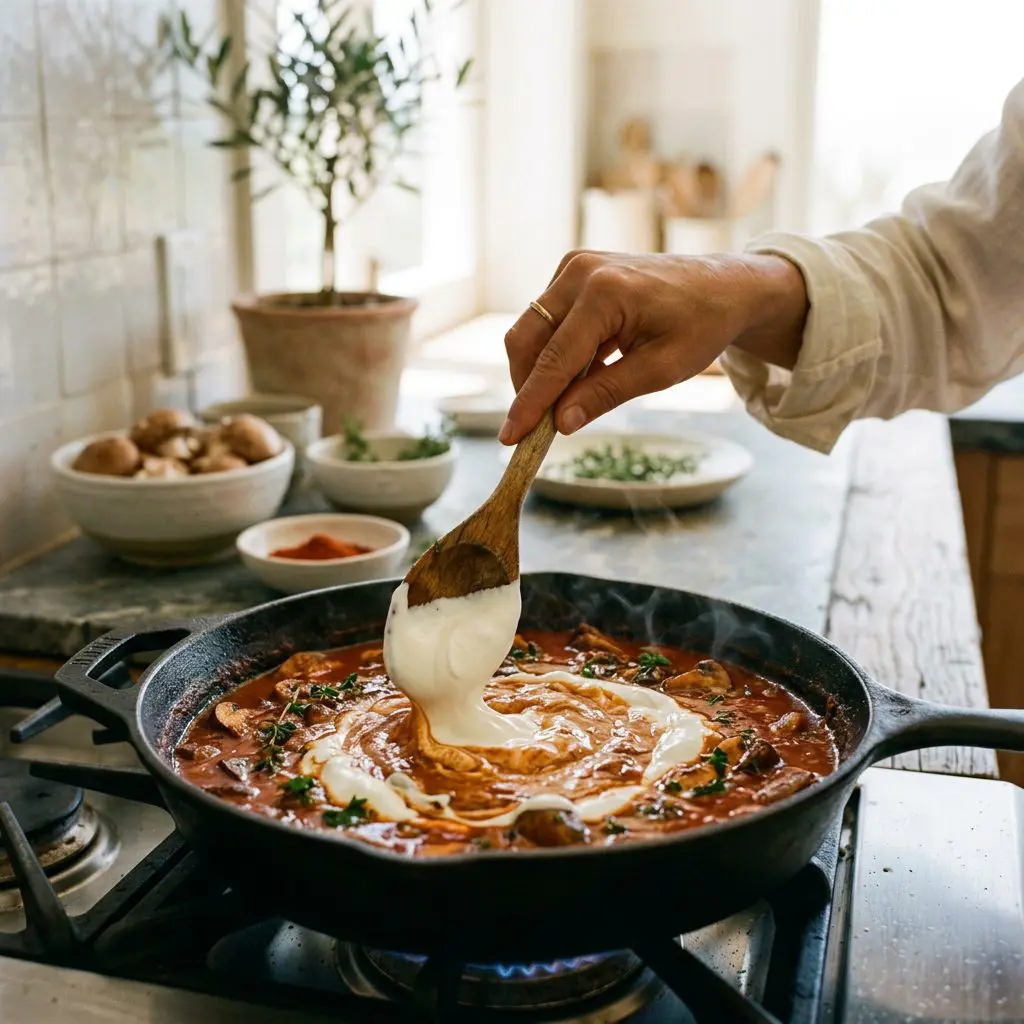 Close-up action shot of a cook's hand using a wooden spoon to slowly fold a thick, bright-white ribbon of sour cream into a bubbling, deep-red paprika and mushroom gravy in a hot cast-iron skillet.