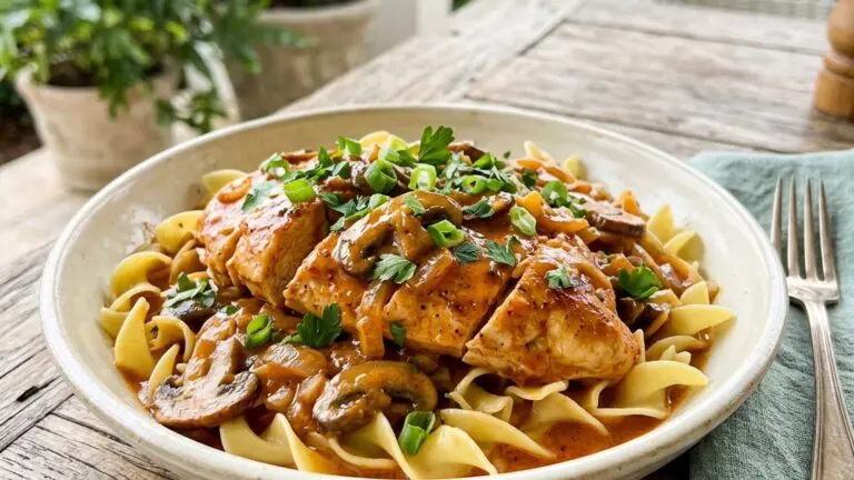 Stunning plated serving of Chicken and Mushroom Paprikash, a chef-tested recipe by Chef Jorj Morgan.