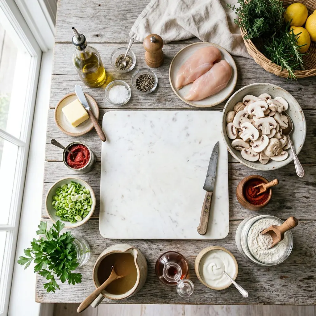 Ingredients arranged: raw chicken breasts, a massive mound of sliced button mushrooms, rich red paprika, flour, sour cream, dry sherry, chicken stock, fresh parsley, green onions, tomato paste, butter, olive oil, salt, and pepper around a marble prep board.